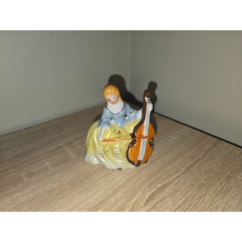 Vintage Occupied‎ Japan Porcelain Figurine Woman Playing Cello Yellow Blue Dress